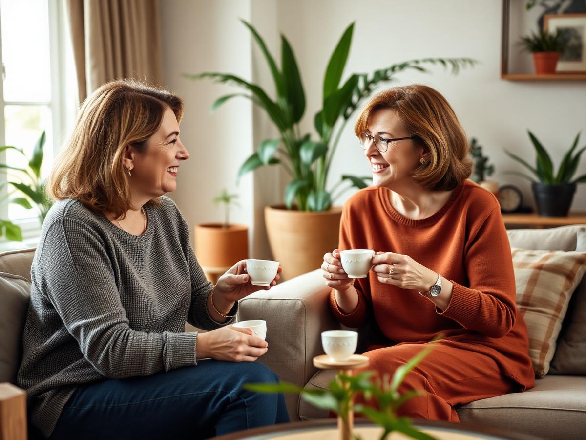 Twee vrouwen in gesprek met een kop thee in een lichte woonkamer