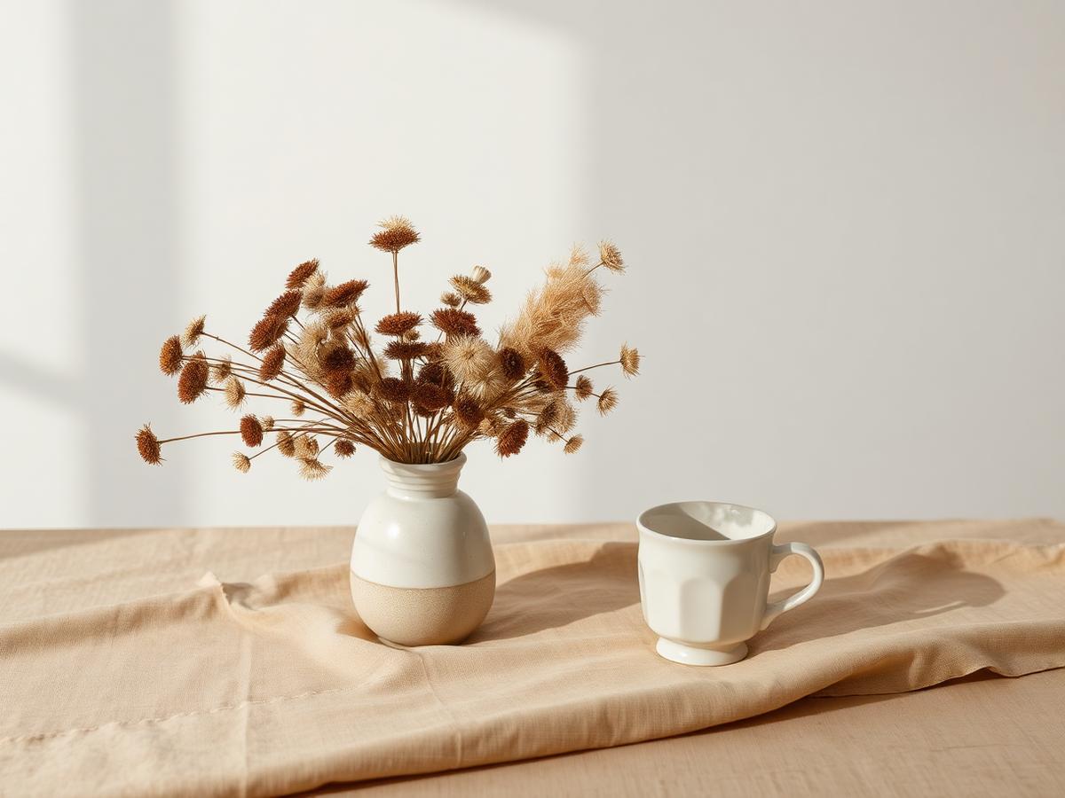 Droogbloemen en een kop thee op warm linnen in ochtendlicht