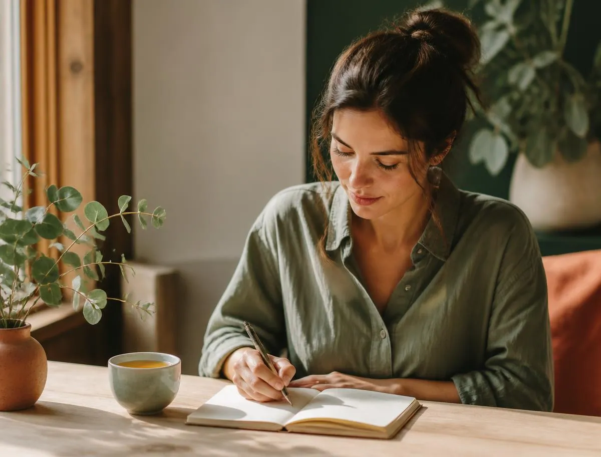 Jonge vrouw schrijft in een notitieboek aan een houten tafel in warm ochtendlicht